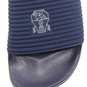 SOLD Brunello Cucinelli Mens Open Toe Slides with Logo Print  in Navy